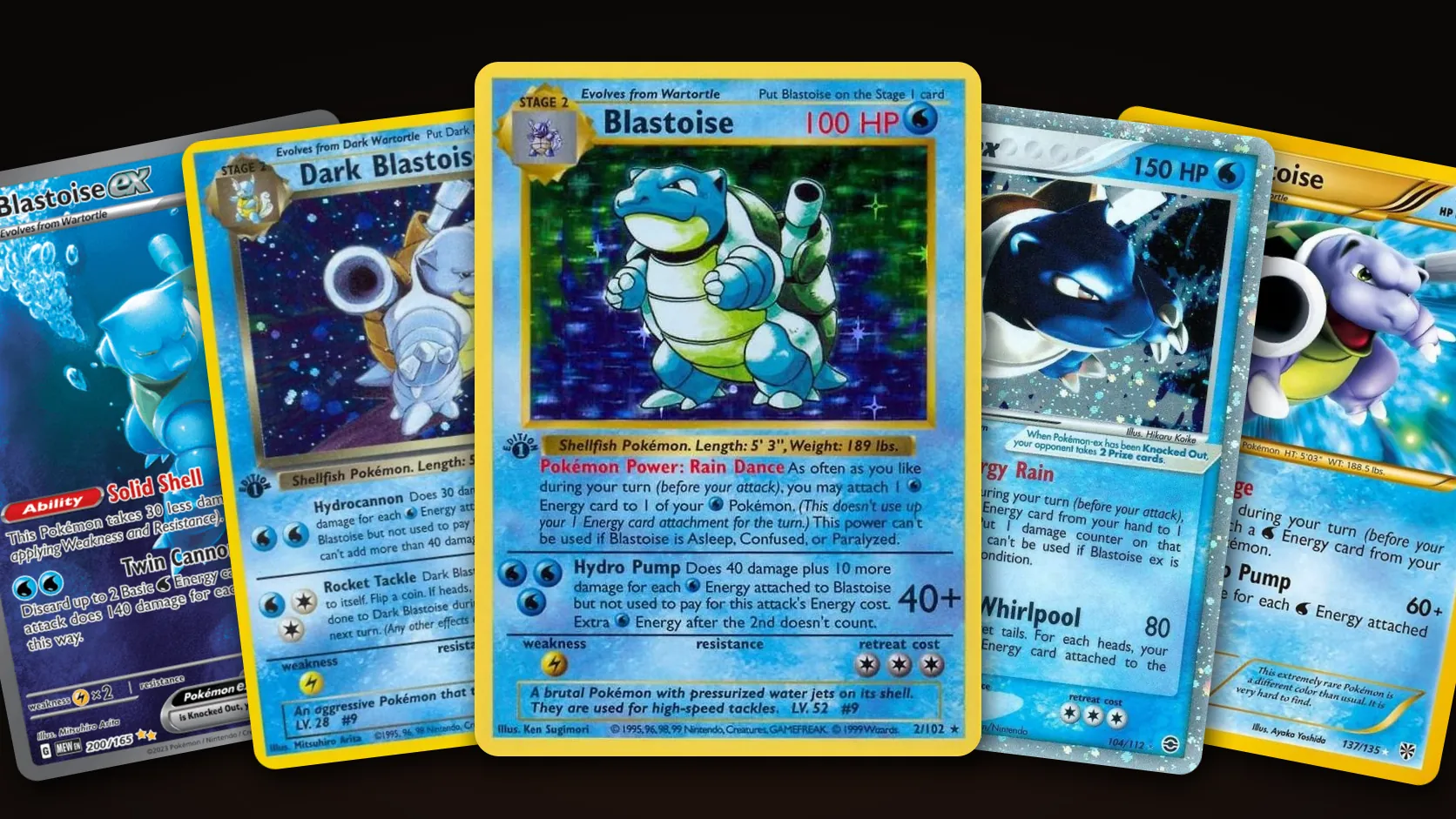 Five Blastoise Pokémon cards fanned out: the 1st Edition Base Set Blastoise in the centre, with Team Rocket's 1st Edition Dark Blastoise, Blastoise ex from FireRed & LeafGreen, the Blastoise ex Special Illustration Rare from 151 and the shiny Plasma Storm Blastoise